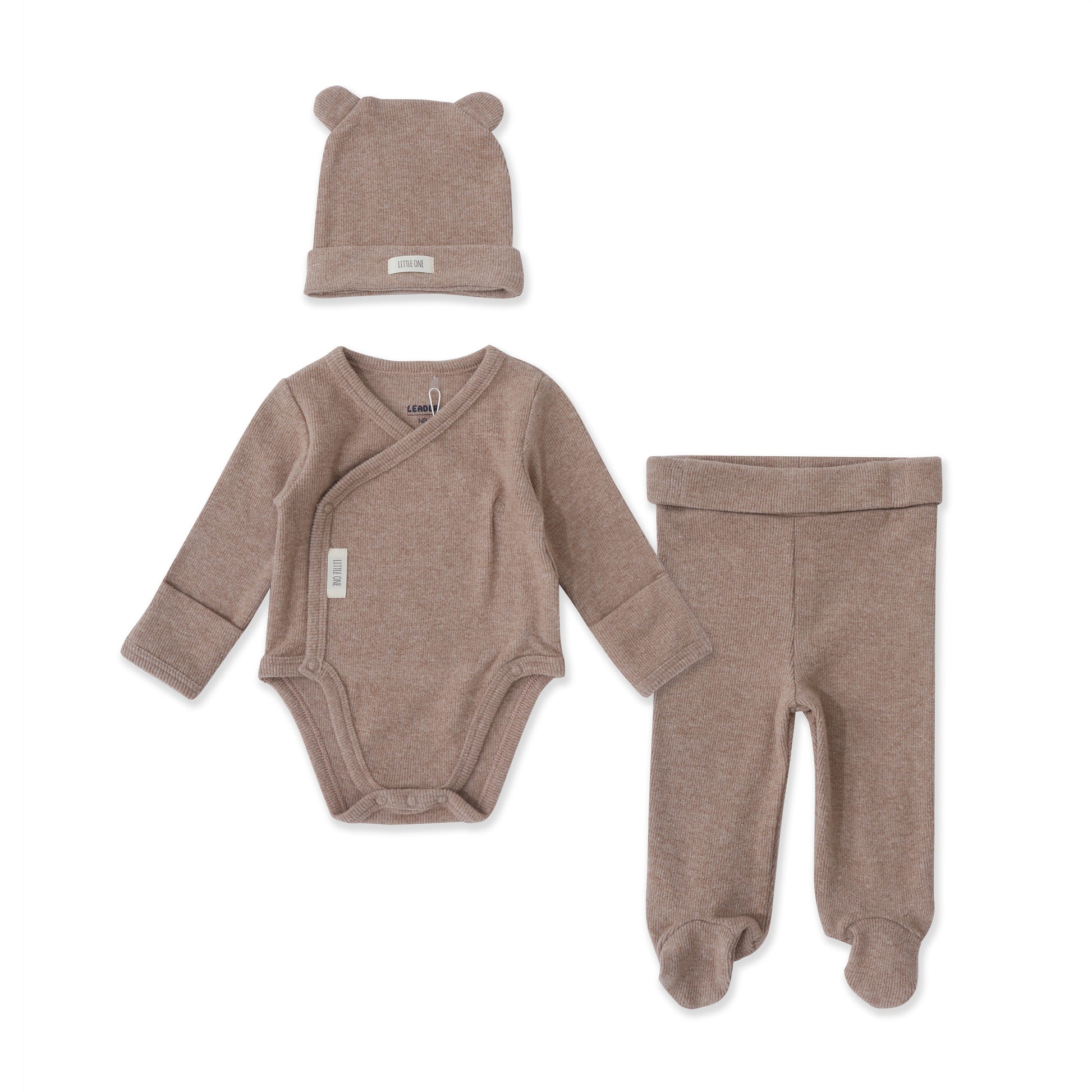 Bear Hug Wrap Bodysuit Set – Three piece Ribbed Bodysuit, Pants & Hat 027 Brown / NB