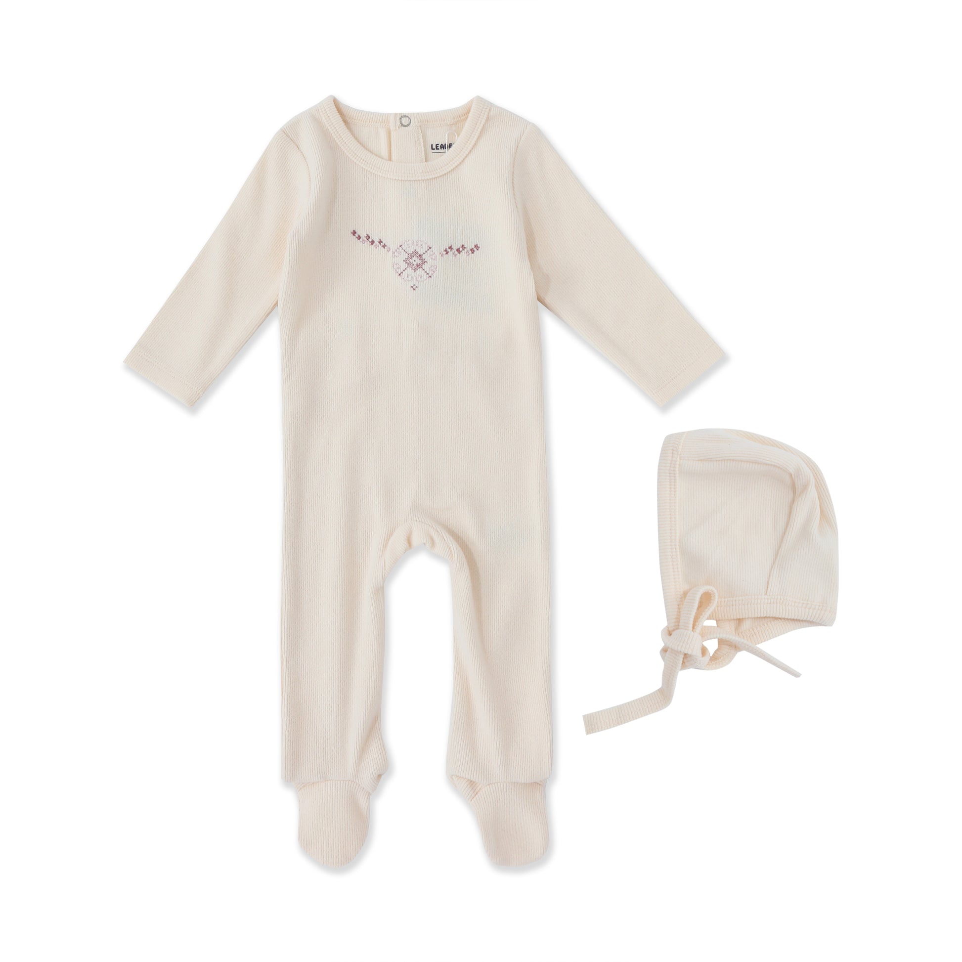 Sweet Stitch Footie – Embroidered Newborn One-Piece with Bonnet 030 Cream / NB