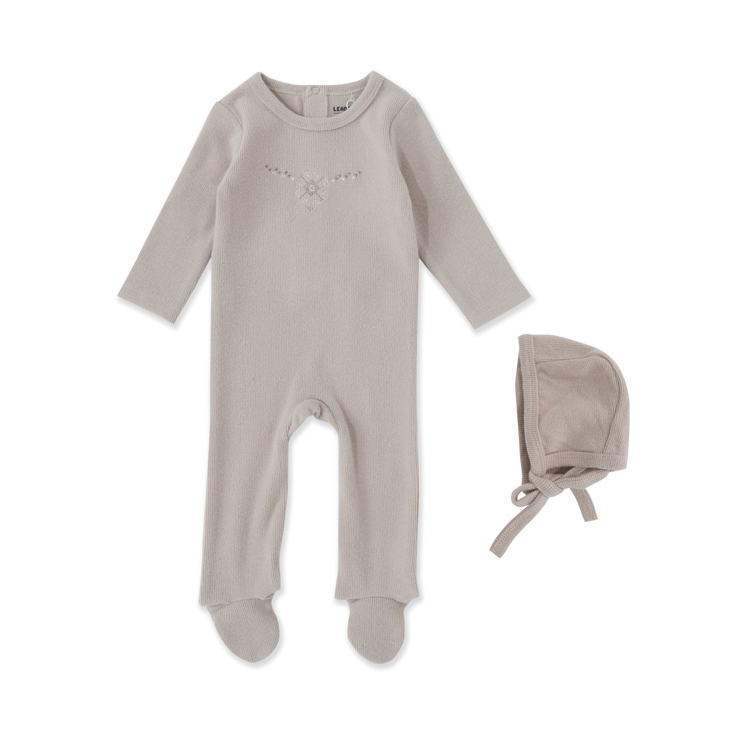 Sweet Stitch Footie – Embroidered Newborn One-Piece with Bonnet 030 Beige / NB