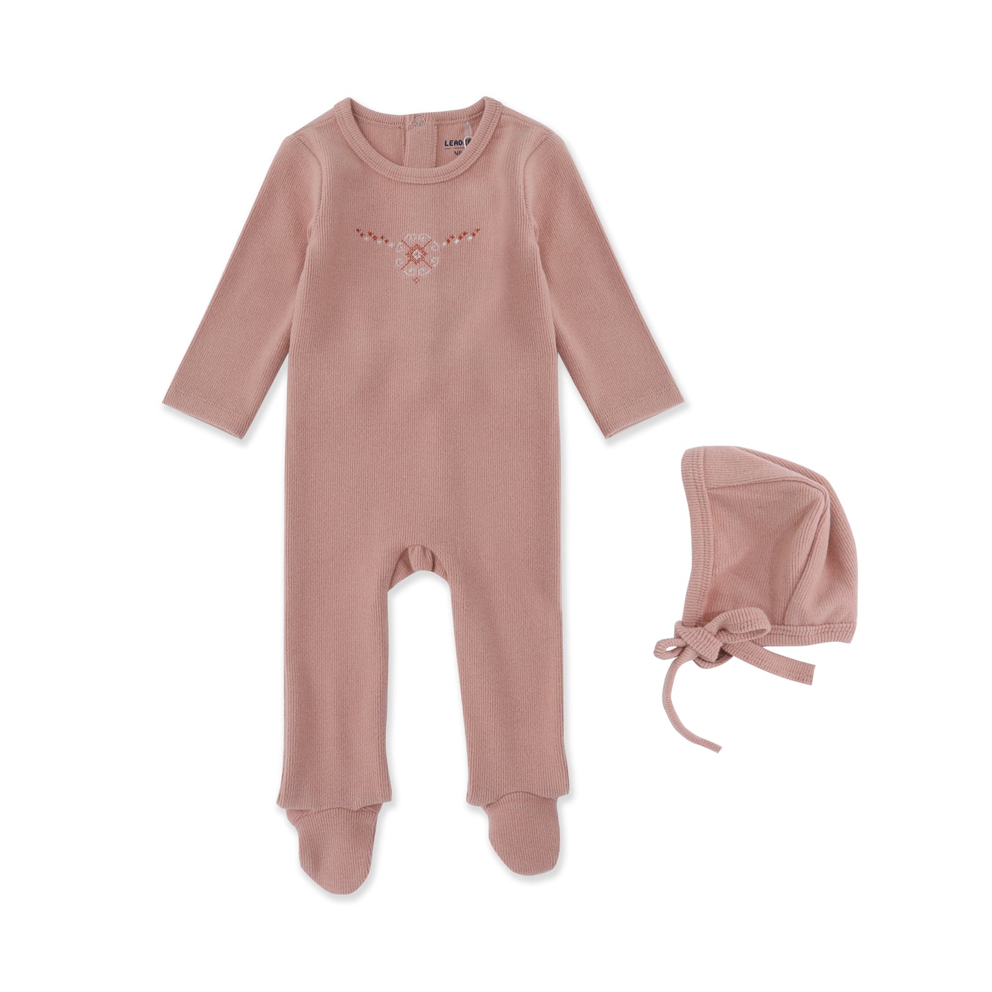 Sweet Stitch Footie – Embroidered Newborn One-Piece with Bonnet 030 Pink / NB