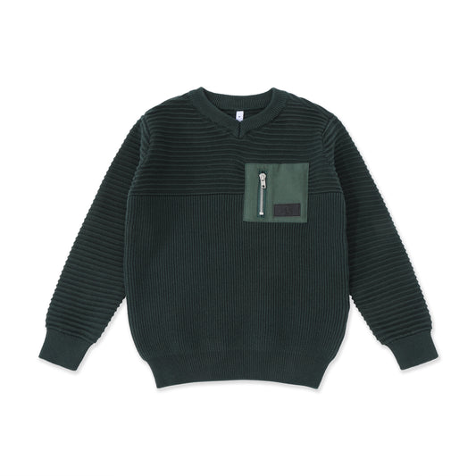 Boys' V-Neck sweater with Chest Pocket 038 Green / 16