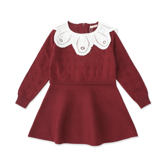Pointelle Collar Dress – Girls' Shabbos Knit Dress 052 Maroon / 12