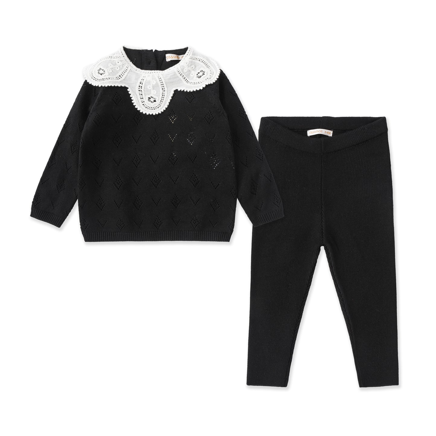 Pointelle Baby Set – Collar Bodysuit & Knit Pants 054 Black / 3-6M