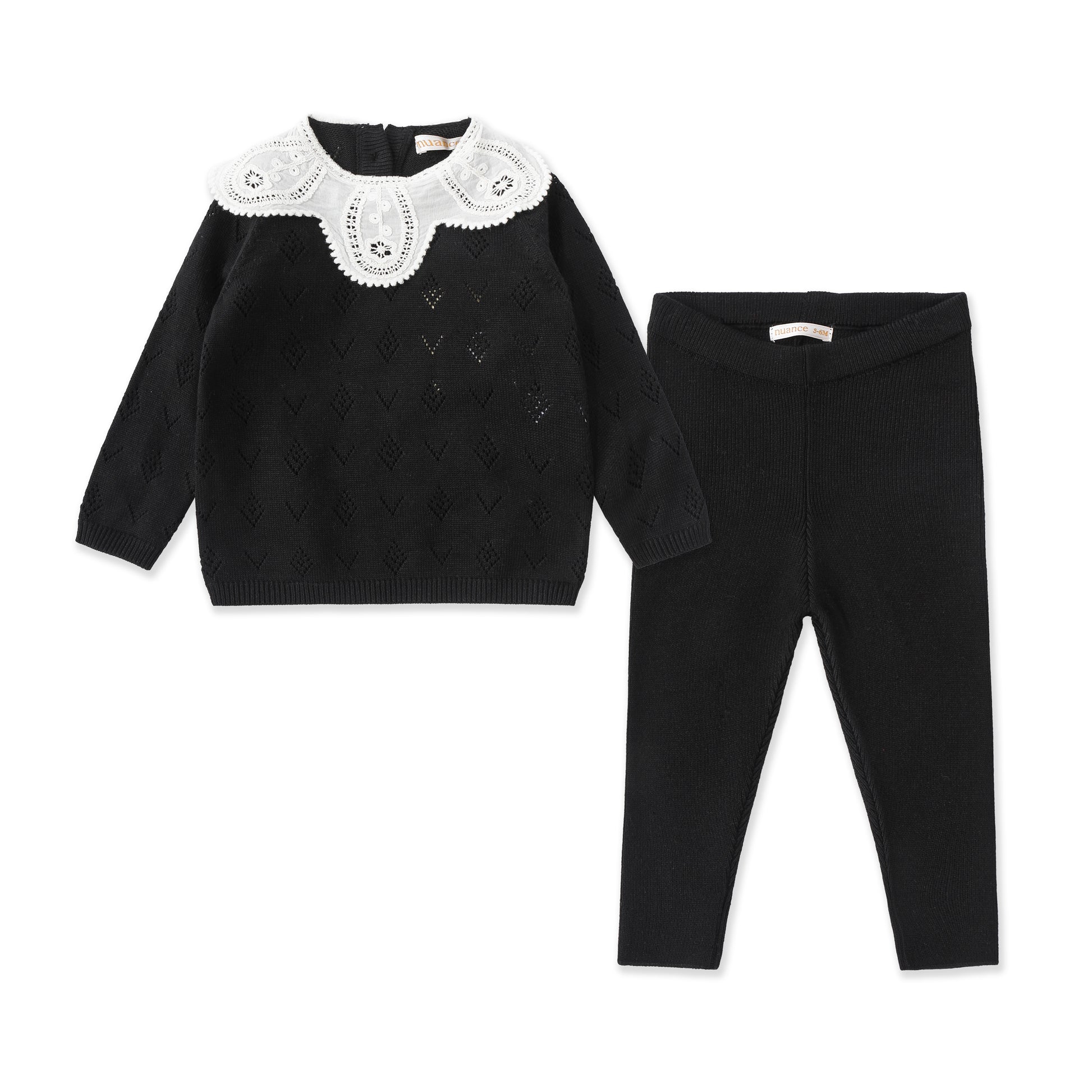 Pointelle Baby Set – Collar Bodysuit & Knit Pants 054 Black / 3-6M