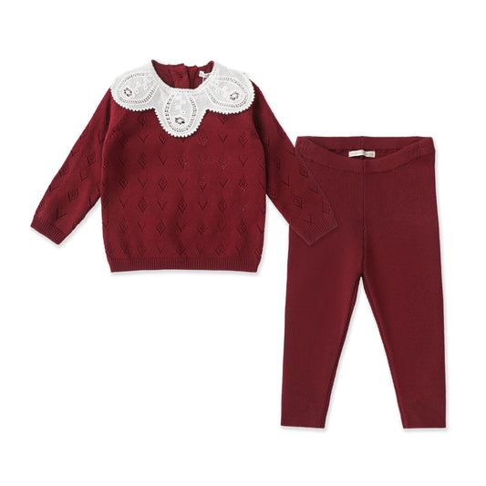Pointelle Baby Set – Collar Bodysuit & Knit Pants 054 Maroon / 3-6M