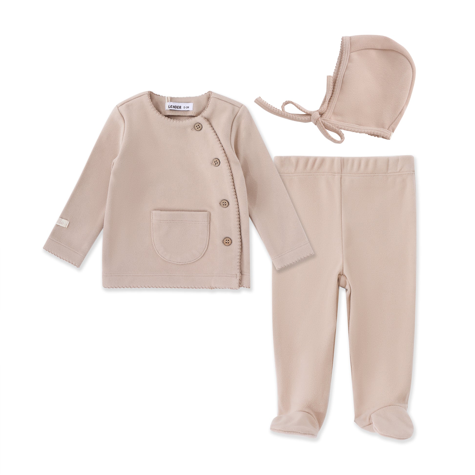 Newborn Crossover Set – Three piece Knit Top, Footie Pants & Bonnet 055 Beige / 0-3