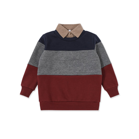 Corduroy combination striped sweatshirt 077 Maroon / 16
