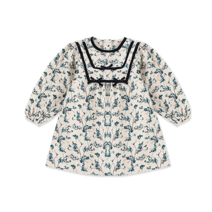 Vintage Collar Floral Dress — Printed Woven 521 Teal / 14