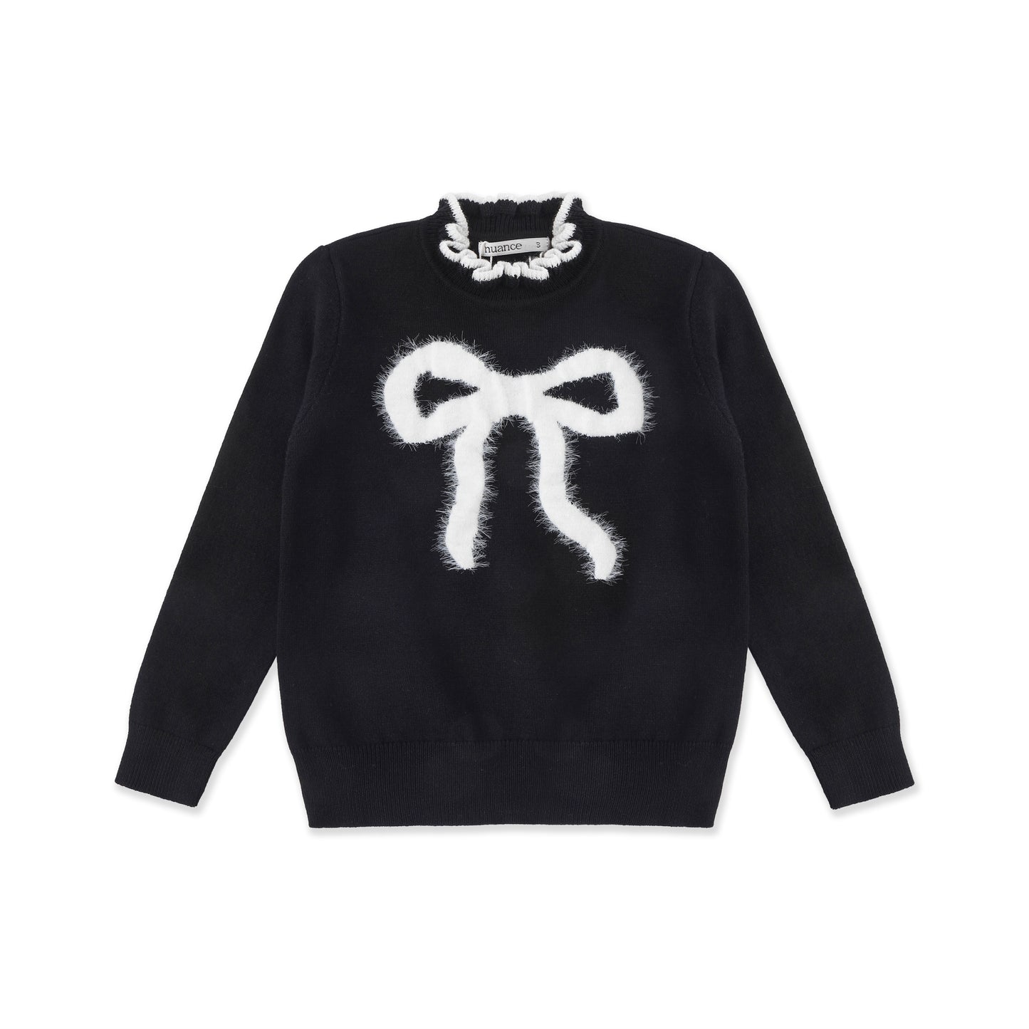 Ruffle Collar Bow Sweater — Fuzzy Appliqué Knit 530 Black / 16
