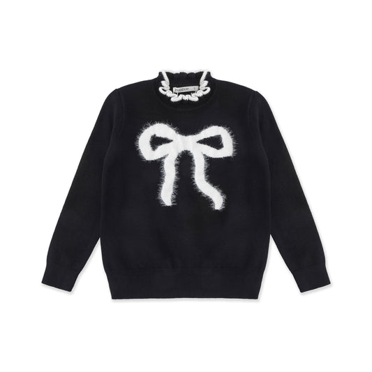 Ruffle Collar Bow Sweater — Fuzzy Appliqué Knit 530 Black / 16