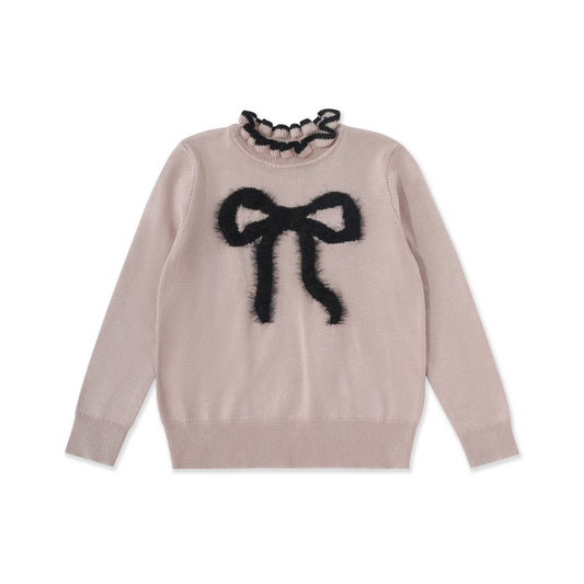 Ruffle Collar Bow Sweater — Fuzzy Appliqué Knit 530 Pink / 16
