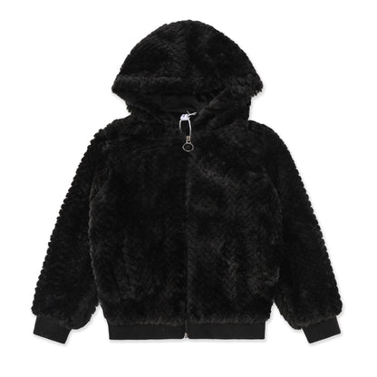 Plush Faux-Fur Bomber Hoodie 063 Black / 16