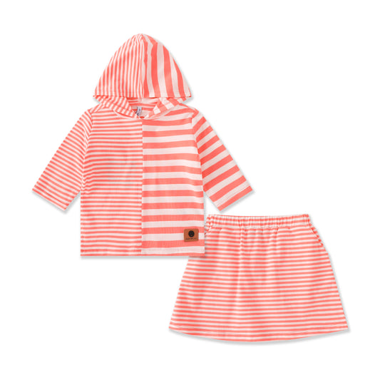 Soft Stripe Hooded Top & Skirt Set 160